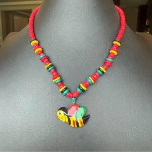 Multi Color Wooden Beaded Necklace with Colorful Wood Bee Pendant 16”